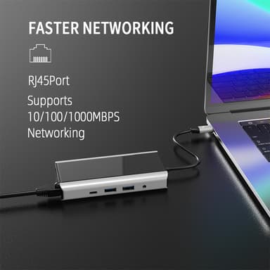 11 in 1 USB C -keskitin, jossa USB 3.0, HDMI, RJ45, SD/TF-kortinlukija, 100 W PD-lataus