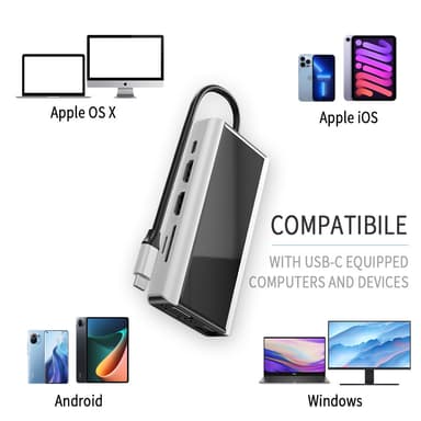 11 in 1 USB C -keskitin, jossa USB 3.0, HDMI, RJ45, SD/TF-kortinlukija, 100 W PD-lataus
