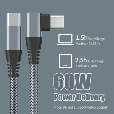 USB-C-laturi kulmaliittimellä 60 W pikalataus Harmaa 2 m