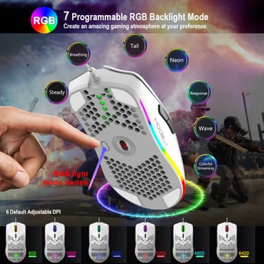 Langallinen pelihiiri RGB:llä, 6 säädettävällä DPI:llä, 6 painikkeella Valkoinen