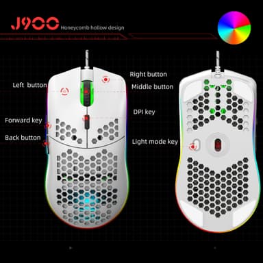 Langallinen pelihiiri RGB:llä, 6 säädettävällä DPI:llä, 6 painikkeella Valkoinen