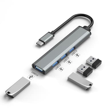 USB-C-USB 3.0 -keskitin 4 portilla Hopeanharmaa
