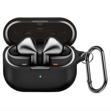 Suojaava silikonikotelo Samsung Galaxy Buds3/Buds3 Pro -kuulokkeille, karabiinihaka Musta