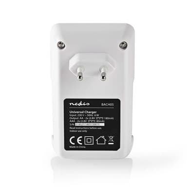 Nedis NiMH akkulaturi AA / AAA | 1.2 V DC | Trickle-lataus | Euro/Tyyppi C (CEE 7/16) | Akun tyyppi: AA / AAA | Musta / Valkoinen