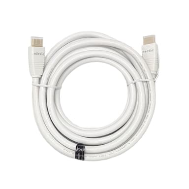 NÖRDIC CERTIFIED CABLES 5m Ultra High Speed ​​HDMI2.1 8K 60Hz 4K 120Hz 144Hz 48Gbps Dynamic HDR eARC Game Mode VRR Dolby ATMOS kullattu PVC valkoinen