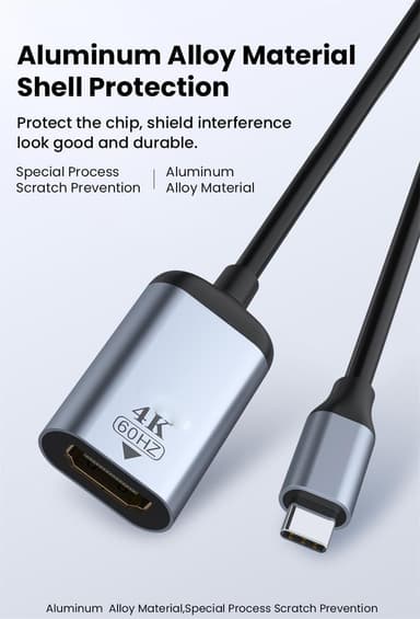 NÖRDIC USBC–HDMI-sovitin 12 cm, 4K 60 Hz tuki HDCP1.4 ja 2.2, Space Grey, alumiinia