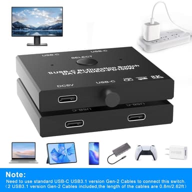 NÖRDIC USB-C 2-1-kytkin ja 1-2-jakaja, 8K/60Hz 4K/144Hz 100WPD 10Gbps data+video+PD