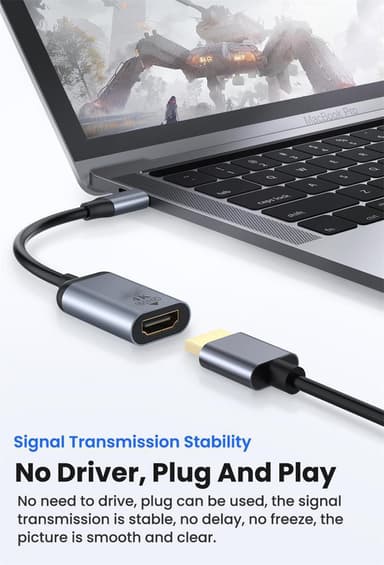 NÖRDIC USBC–HDMI-sovitin 12 cm, 4K 60 Hz tuki HDCP1.4 ja 2.2, Space Grey, alumiinia