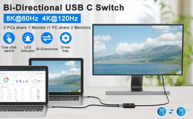 NÖRDIC USB-C 2-1-kytkin ja 1-2-jakaja, 8K/60Hz 4K/144Hz 100WPD 10Gbps data+video+PD