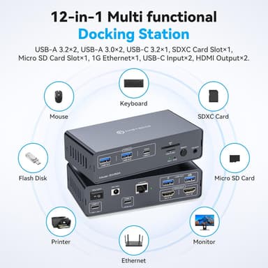 NÖRDIC USB-C Telakointiasema KVM-kytkimellä 2 PC 2 näyttöä 4K60Hz HDMI EDID 12-in-1 Gigabit Ethernet, kortinlukija, 5xUSB-A ja USB-C