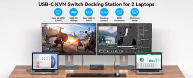 NÖRDIC USB-C Telakointiasema KVM-kytkimellä 2 PC 2 näyttöä 4K60Hz HDMI EDID 12-in-1 Gigabit Ethernet, kortinlukija, 5xUSB-A ja USB-C