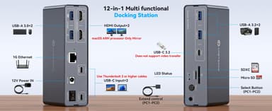 NÖRDIC USB-C Telakointiasema KVM-kytkimellä 2 PC 2 näyttöä 4K60Hz HDMI EDID 12-in-1 Gigabit Ethernet, kortinlukija, 5xUSB-A ja USB-C