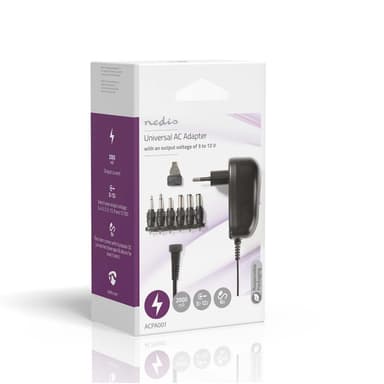 Nedis AC Yleisvirtalähde | 12 W | 3 - 12 V DC | 1.80 m | 2.0 A | 6 plug(s) | Musta