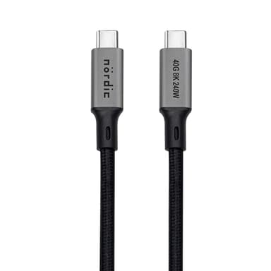 NÖRDIC 2m USB4 USB-C–C nylonpunoskaapeli PD3.1 240W 40G 8K60Hz 4K144Hz harmaa