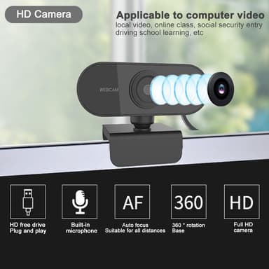 USB-verkkokamera Full HD 1080p, 30 fps, mikrofonilla, 360 astetta kääntyvä pohja ja 45 asteen kallistus, 2MP
