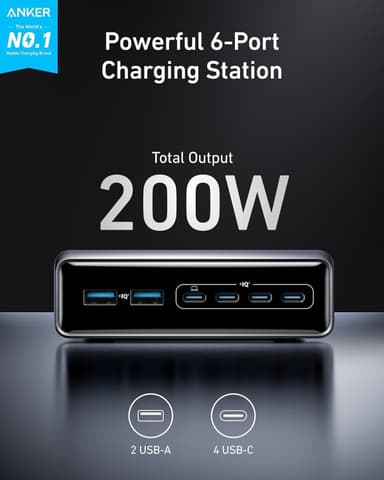 ANKER Prime-laturi, 200W 6-porttinen GaN-latausasema, Nopea USB C-lataus