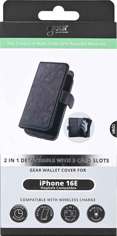 Gear iPhone 16E 2in1 lompakkokotelo (musta)