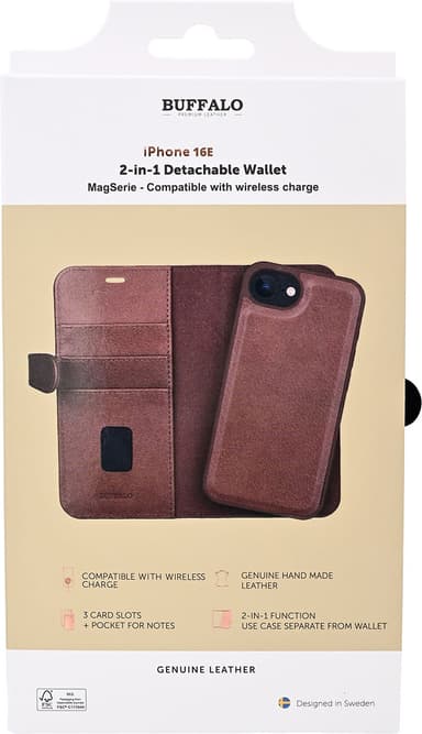 Buffalo iPhone 16E 2in1 lompakkokotelo (ruskea)
