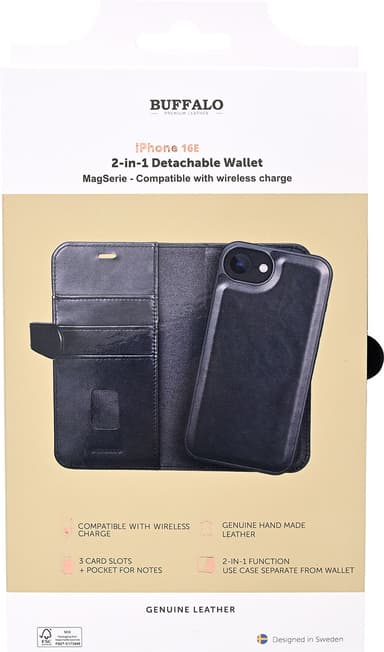Buffalo iPhone 16E 2in1 lompakkokotelo (musta)