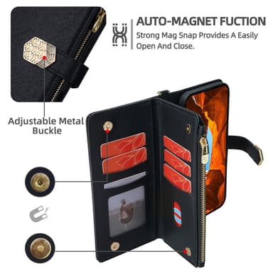 SKALO Xiaomi Redmi Note 14 5G Big Wallet Cross Texture Lompakkokotelo - Musta