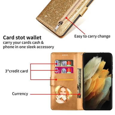 SKALO Samsung S25 Ultra Glitter Vetoketju Lompakkokotelo - Kulta