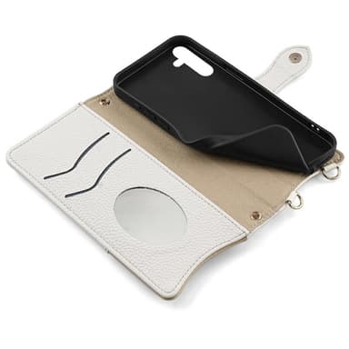 SKALO Samsung S25 Litchi Makeup Mirror Chain Lompakkokotelo - Valkoinen