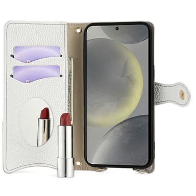 SKALO Samsung S25 Litchi Makeup Mirror Chain Lompakkokotelo - Valkoinen