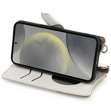 SKALO Samsung S25 Litchi Makeup Mirror Chain Lompakkokotelo - Valkoinen