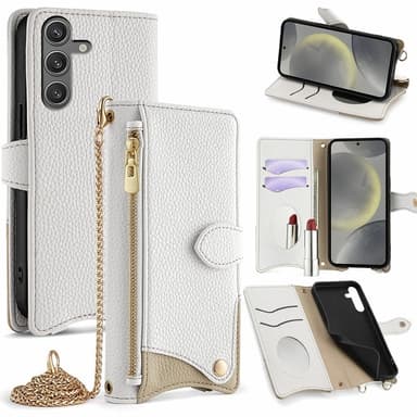 SKALO Samsung S25 Litchi Makeup Mirror Chain Lompakkokotelo - Valkoinen
