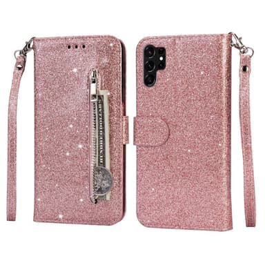 SKALO Samsung S25 Ultra Glitter Vetoketju Lompakkokotelo - Ruusukulta