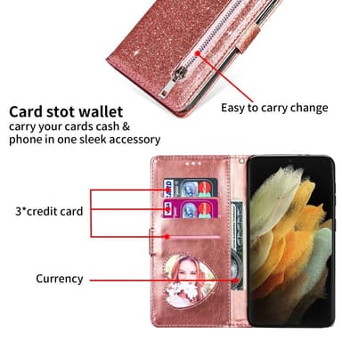 SKALO Samsung S25 Ultra Glitter Vetoketju Lompakkokotelo - Ruusukulta