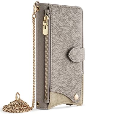 SKALO Samsung S25 Litchi Makeup Mirror Chain Lompakkokotelo - Harmaa