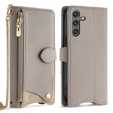 SKALO Samsung S25 Litchi Makeup Mirror Chain Lompakkokotelo - Harmaa