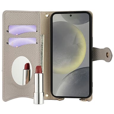 SKALO Samsung S25 Litchi Makeup Mirror Chain Lompakkokotelo - Harmaa