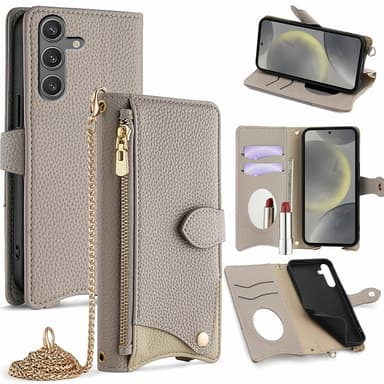 SKALO Samsung S25 Litchi Makeup Mirror Chain Lompakkokotelo - Harmaa