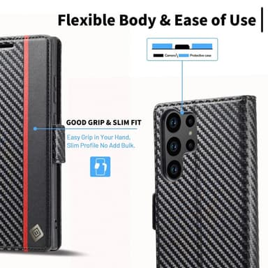 SKALO Samsung S25 Ultra LC.IMEEKE Carbon Fiber Lompakkokotelo - Musta
