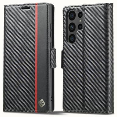 SKALO Samsung S25 Ultra LC.IMEEKE Carbon Fiber Lompakkokotelo - Musta