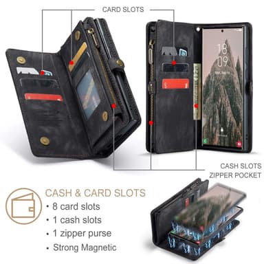 CaseMe Samsung S25 Ultra 008 BIg Wallet 2in1 Magnet Lompakkokotelo - Musta