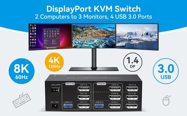 NÖRDIC DisplayPort 1.4 KVM-kytkin 2 tietokonetta 3 näyttöä 8K60Hz 4K144Hz kolmonäyttö 4 USB 3.0 2 PC:lle, jakaa 3 näyttöä
