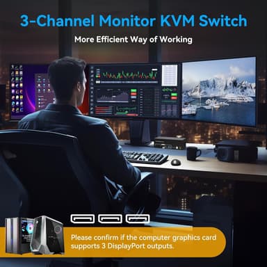 NÖRDIC DisplayPort 1.4 KVM-kytkin 2 tietokonetta 3 näyttöä 8K60Hz 4K144Hz kolmonäyttö 4 USB 3.0 2 PC:lle, jakaa 3 näyttöä
