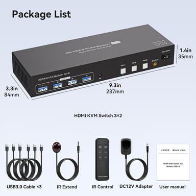 NÖRDIC HDMI KVM-kytkin 3 tietokonetta 2 näyttöä 4K60Hz EDID 4 USB 3.0-porttia kaukosäätimellä