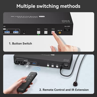 NÖRDIC HDMI KVM-kytkin 3 tietokonetta 2 näyttöä 4K60Hz EDID 4 USB 3.0-porttia kaukosäätimellä