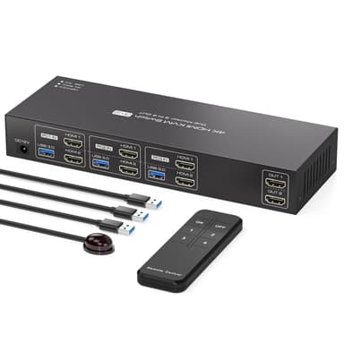 NÖRDIC HDMI KVM-kytkin 3 tietokonetta 2 näyttöä 4K60Hz EDID 4 USB 3.0-porttia kaukosäätimellä