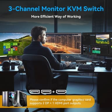 NÖRDIC KVM-kytkin 2 PC 3 näyttöä 8K60Hz 4K144Hz Kolmoisnäyttö 2xDP 1xHDMI 4xUSB 3.0 porttia