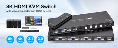 NÖRDIC HDMI KVM-kytkin 4 tietokonetta 1 näyttö 8K 60Hz 4K 144/120Hz USB-laitteet
