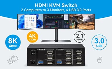 NÖRDIC HDMI 2.1 KVM-kytkin 2 tietokonetta 3 näyttöä 8K60Hz 4K144Hz Kolmoisnäyttö 4 USB 3.0 kahdelle PC:lle jakamaan 3 näyttöä