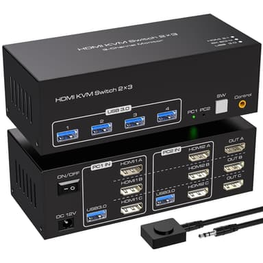 NÖRDIC HDMI 2.1 KVM-kytkin 2 tietokonetta 3 näyttöä 8K60Hz 4K144Hz Kolmoisnäyttö 4 USB 3.0 kahdelle PC:lle jakamaan 3 näyttöä