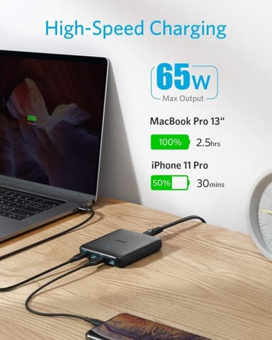 Anker PowerPort Atom III Slim GaN Seinälaturi, 3XUSB-A 1XUSB-C porttia 65W maks, 4-porttinen, PIQ 3.0, kannettaville tietokoneille, tableteille ja älypuhelimille