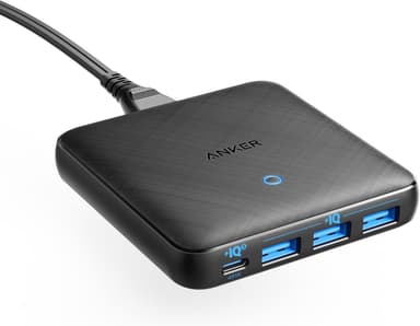 Anker PowerPort Atom III Slim GaN Seinälaturi, 3XUSB-A 1XUSB-C porttia 65W maks, 4-porttinen, PIQ 3.0, kannettaville tietokoneille, tableteille ja älypuhelimille