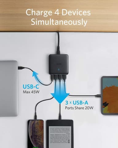 Anker PowerPort Atom III Slim GaN Seinälaturi, 3XUSB-A 1XUSB-C porttia 65W maks, 4-porttinen, PIQ 3.0, kannettaville tietokoneille, tableteille ja älypuhelimille